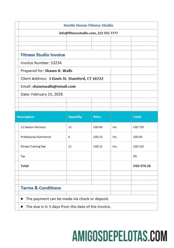 para download Modelo de fatura de estúdio de fitness